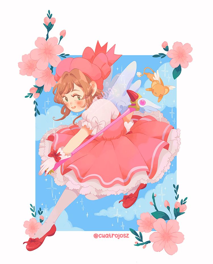 Sakura Kinomoto floating, holding her staff, with her pink fluffy dress that appears in the opening "Catch you catch me". She is framed in a sky blue square in the background. Background is a sky with some clouds, sakura flowers blossoms in the corners of the frame.