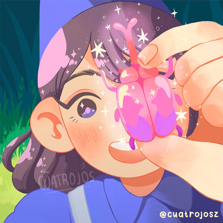 Art of a closeup of a pink japanese rhinoceros beetle, glowing, while a girl hold it between her fingers, looking at it with a big smile and sparkle eyes. Her hair is short brown, she wears a lilac cone and lilac dress.