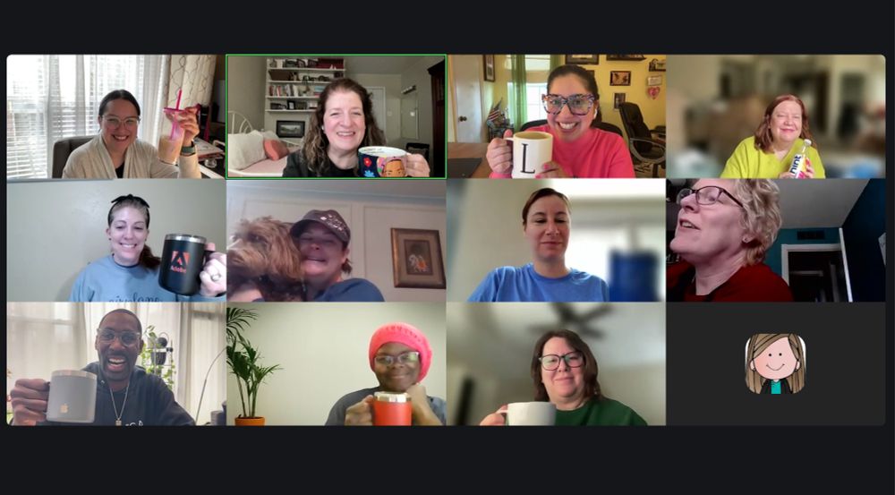 Zoom window showing multiple people holding up coffee mugs and pets! Roxanne, Kathryn, Lydia, Melanie, Amy, Kerry, Marilyn, Erika, Mason, Marvia, Jen, Danielle