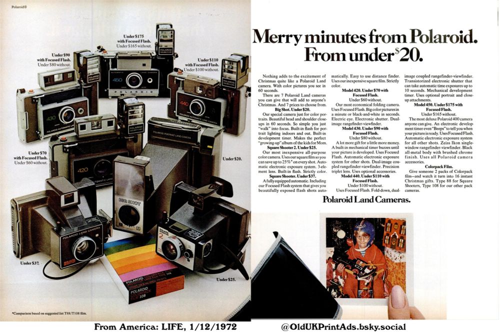 A Christmas advertisement showcasing Polaroid Land cameras with different features and prices. The ad highlights instant color pictures, various models, and accessories like focused flash units. Colorpack film is also promoted.