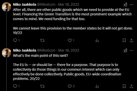 Tweet by author: "After all, there are other goods which we need to provide at the EU level. Financing the Green Transition is the most prominent example which comes to mind. We need funding for that too.

We cannot leave this provision to the member states bc it will not get done."