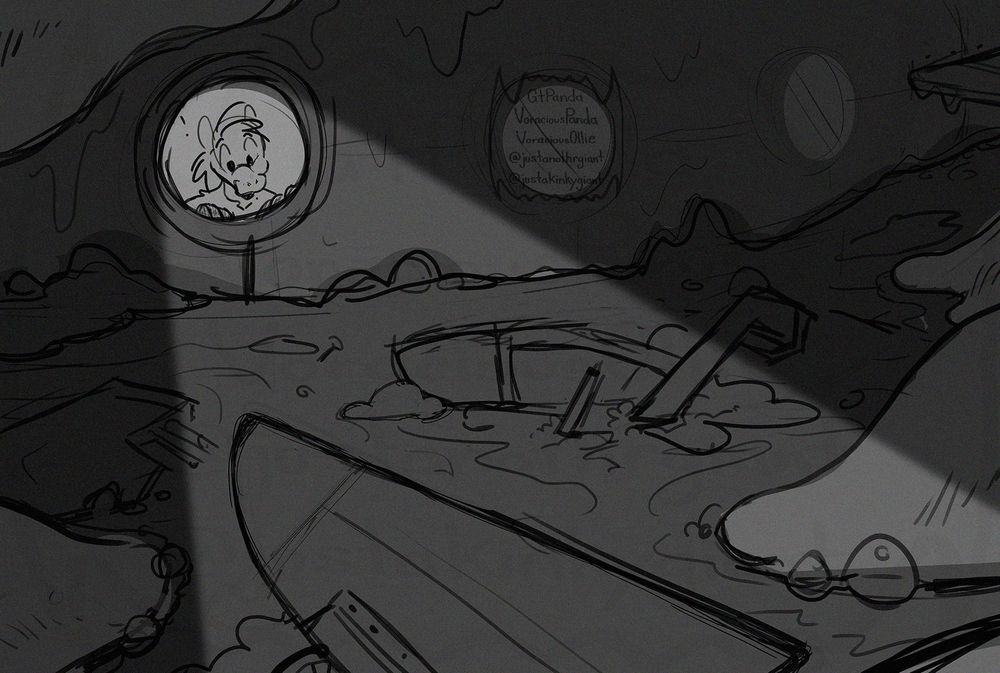 ALT TEXT: A dark stomach filled with the debris of all sorts of vehicles. A ray of light from a submarine window illuminates some of the stomach. The submarine is half submerged in stomach juices, getting squeezed a bit by stomach walls. In the window is a cute, excited anteater eagerly looking out the window.