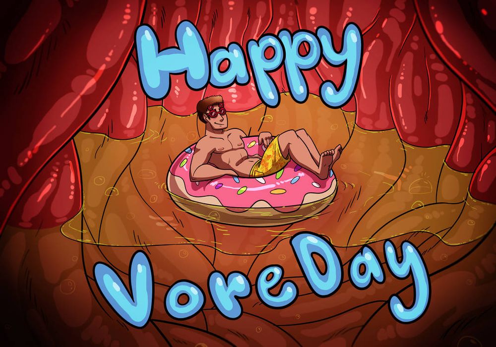 An internal of my humanoid reddish pink stomach filled halfway with yellowish green stomach fluids. It looks like acid and wasn't originally intended to be digestive, but you can imagine it is if you want! My human character Ty is floating on a donut shaped pool toy in swim trunks, looking very relaxed & wearing goofy "8 8" sunglasses where the lower part of the 8's are the lenses. Above and below him are shiny blue bubble letters that say "Happy Vore Day".