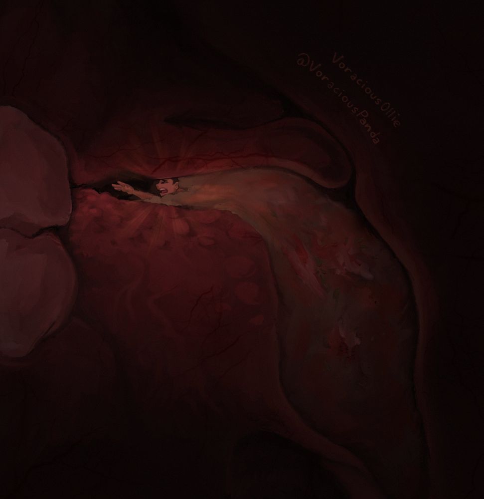 A painted piece of a darkish mouth/throat cross-section. A bolus (a chewed glob of food entering the throat) of bread and strawberries is being swallowed and he's shoulders deep in it, shouting, arm outstretched as the mouthful is pushed by the tongue into the esophagus. The preds uvula is pushed up, trailing along the preys back.