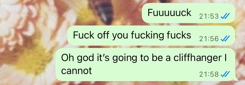 Texts:

Fuuuuuck
21:53 
Fuck off you fucking fucks
21:56 
Oh god it's going to be a cliffhanger I
cannot
21:58