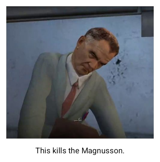 A ragdolled Dr. Arne Magnusson from Half-Life 2: Episode 2. The image is surrounded by a white border, black text at the bottom reading "This kills the Magnusson."
