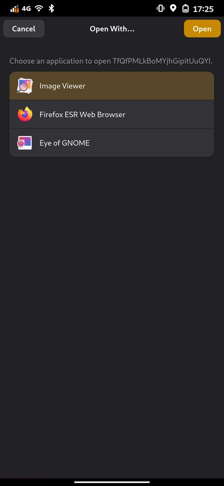 A screenshot from a phone running Phosh. It shows the app chooser portal to select an appropriate image viewer.