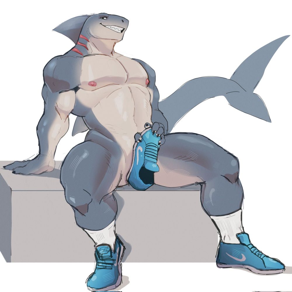 an anthro shark sitting on a block wearing shoes and covering his groin with another shoe. he has a zesty smile looking at the viewer.
