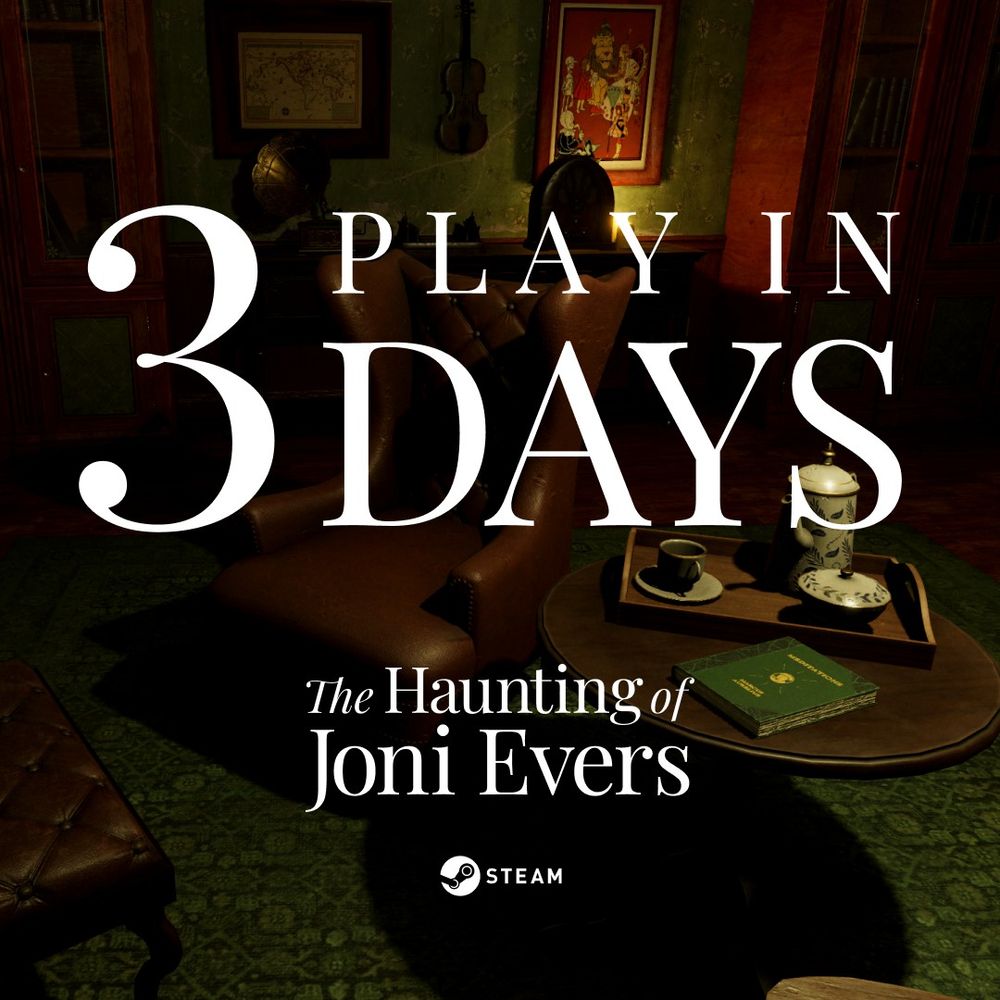 A screenshot from The Haunting of Joni Evers showing a leacher chair and a side table, with a book and tea set sat on it. The screenshot is overlaid with the text "Play in 3 days."