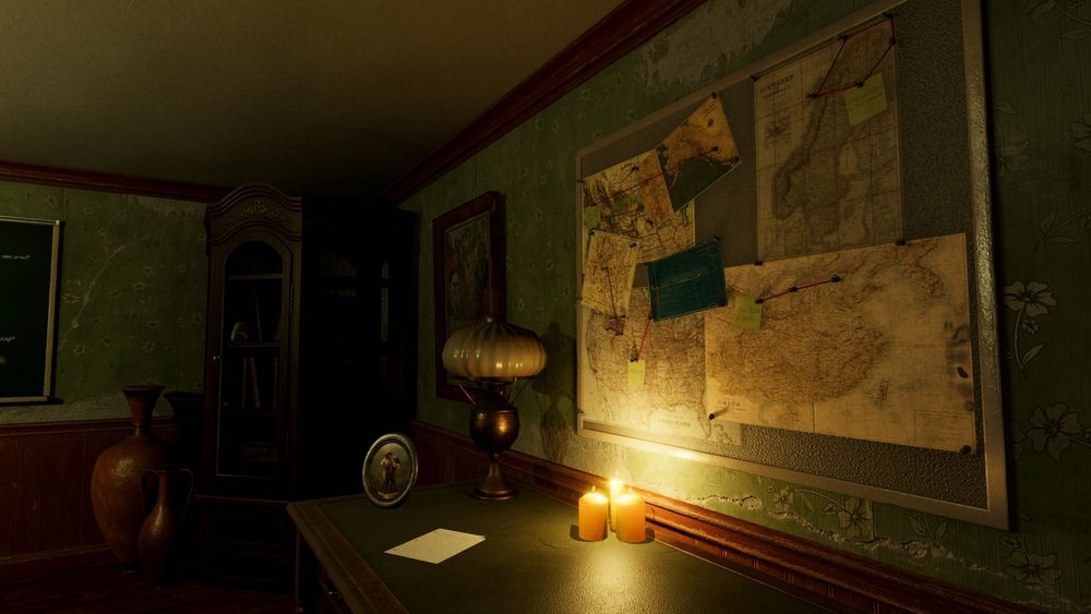 A screenshot from The Haunting of Joni Evers showing a corkboard of maps with post-it notes and strings connecting points