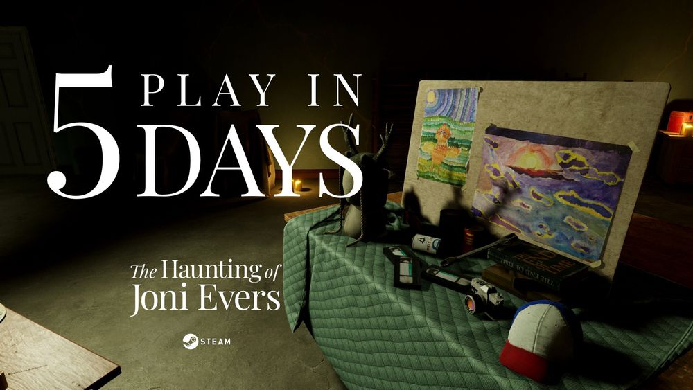 A screenshot from The Haunting of Joni Evers showing a collection of objects arranged for a still life painting, overlaid with text that says "Play in 5 Days"