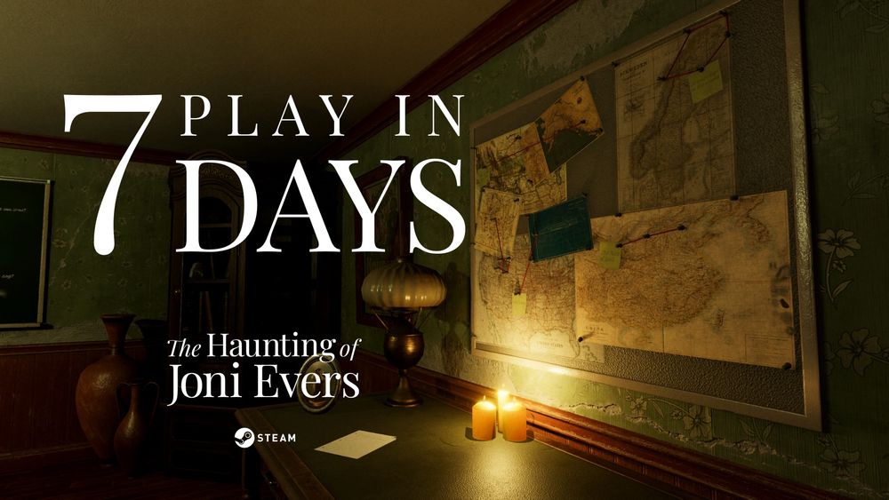 In-game screenshot of a corkboard with maps and twine, with text overlaid that says "Play in 7 days" and the game logo for "The Haunting of Joni Evers".