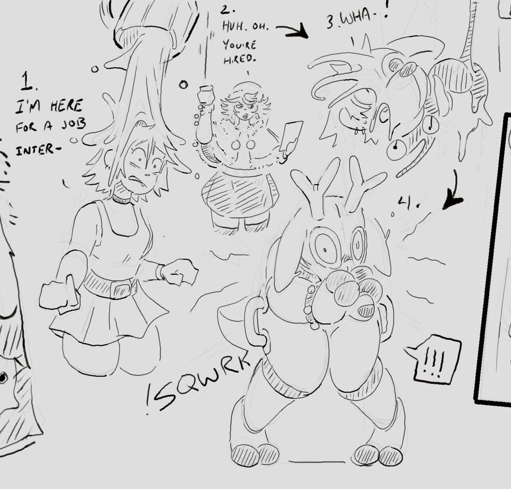 A lady comes to apply for a job position at the local mall during Christmas.

The manager skimming her paper, immediately decides to dump a bucket of liquid on them, encasing them in a Rubber reindeer suit. They tug at their muzzle finding it very difficult to take off.

Dialogue:

(1) "I'm here for the job intervi-"

(2) "Huh. Oh. You're hired."

(3) "WHA-!"  

(4) "!!!"