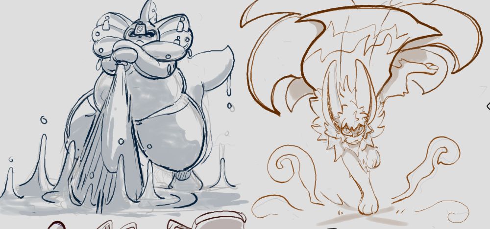 Drawpile Requests from August 2023 for Patreon Members

Left: 

Plush Vaporeon character stabbing the ground with a bat, manipulating the water around them. 

Right: 

Sphinx Fox character with a cloak landing on the ground! 