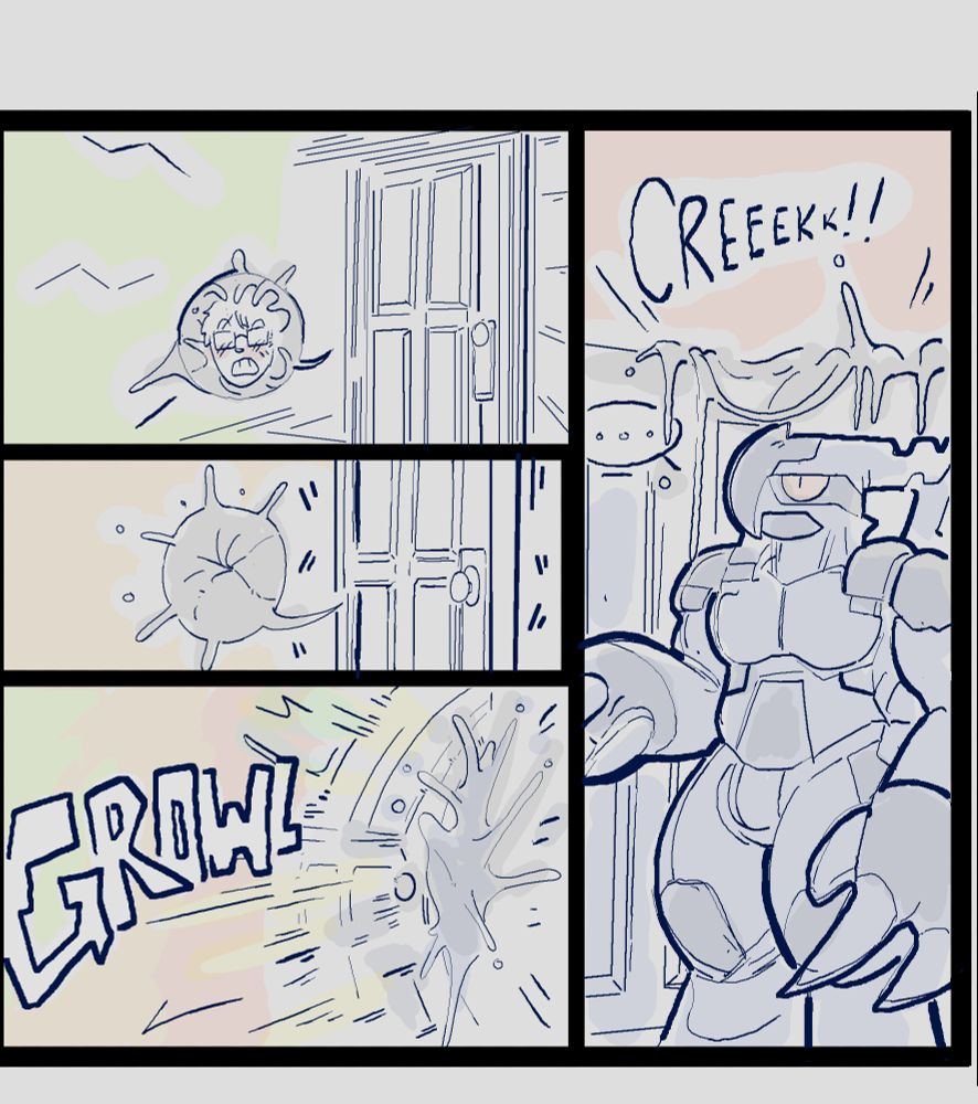 Panel 13, 14 and 15 (Left 3 Panels):

Actions and rumblings are heard from behind the door. as a bubble of the host is shown. 

That bubble gets fully encased, as the rumblings intensify.

With a loud GROWL, a gooey burst is seen seeping from within the door. 

Panel 16 (right): 

Chrom, now fully manifested over their host is seen when the door opens. They're seen with a neutral expression now having finished their "business." 

Goo is seen sliming from the door as they leave the room.