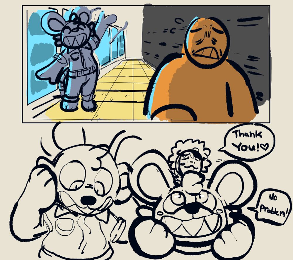 The employee waves goodbye after what they think was a job well done. 

The customer stammers away in a hurry terrified at the interaction.

The host removes their suit saying "thank you!" for their help.

The suit, grateful at the thanking responds with a "no problem!" 

Series of drawings was done in 2021.

(yes, The suit design was Gleipnir inspired.)
