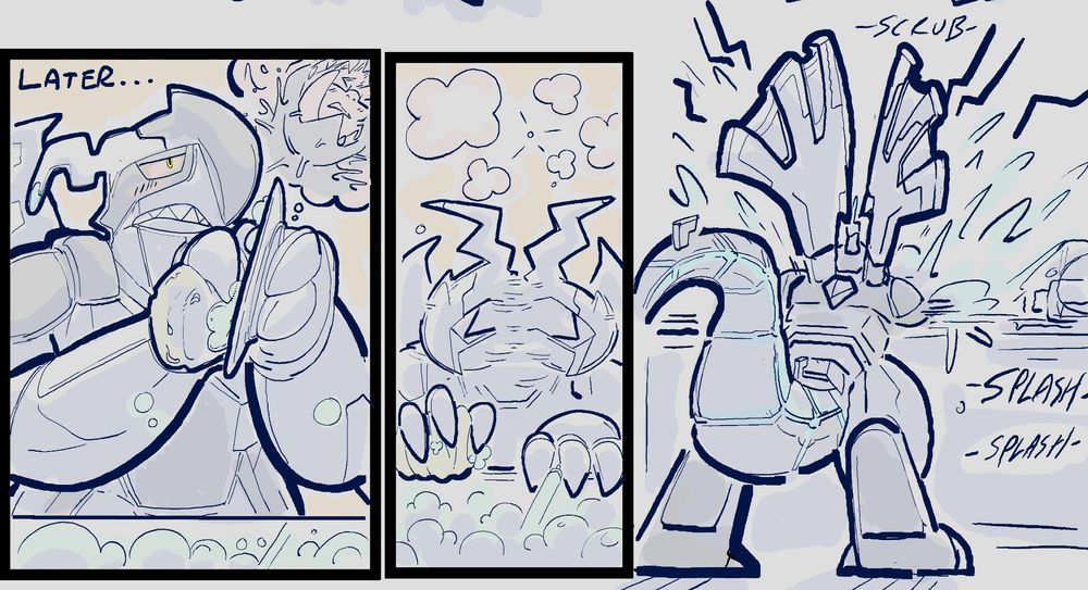 Panel 17, 18 and 19 (last 3 panels):

The pair is now seen cleaning dishes after their meal. Their mind wandering towards the prior interaction.

They shake off the thought, and continue to clean off the rest of their chores to distract themselves.