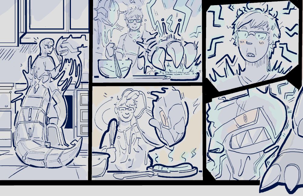 Batch 3 Commission for ghonists on FA 

Panel 1 (Left):

Suit and host are conversing while making food. The zekrom head is seen floating and look at what their host is making.
 
Panel 2 & 3 (Center): 

Using the zekrom's hand, the human host charges a piece of seered meat with electrical energies. 

Zekrom, seeing this prepares themselves to enjoy their meal.

Panel 4 & 5 (right):

Both suit and host are suddenly shocked with intense pleasurable feeling out of nowhere.