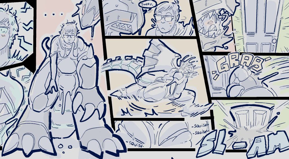 Panel 6 (left):

Host and suit look down, seeing their bulge dripping and slightly throbbing. Silence filling the air.

Panel 7, 8 and 9 (Center 3 Pages) :

Chrom turns to their host and apologies with a small "sorry." Knowing this little predicament is their fault. The host just looks at them blushing, still under of the effects of the intense pleasure.

The two gun to their room as Chrom slowly wraps around their host, attempting to contain the sensation as they cup their bulge. 


Panel 10, 11 and 12 (Right 3 Panels): 

The host is seen blushing at the maw of their suit forms more around them. 

Seeing their room in view, they GRAB the door and slam it shut behind them with a loud SL-AM.