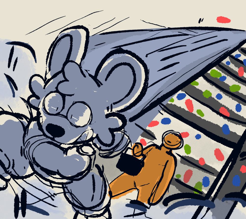 They land back on the ground hard, causing a a quake that tosses all the cans off the shelves. 

The customer stands their stunned.