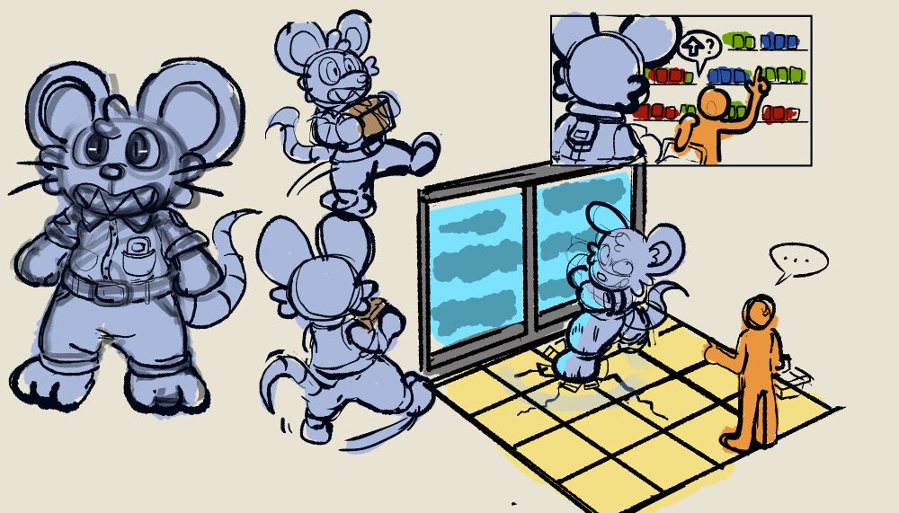 A Retail employee fulfilling tasks in a large mouse mascot suit. 

The suit itself is sentient and in making work easier.

--

Employee gets asked to if they have any left of an item, seeing as there isnt any left on the top warehouse shelves. The employee responds by slamming their foot on the ground, preparing to make a leap.