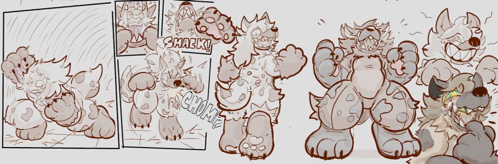 Panel 6:

Pickanmix is now seen struggling on their knees, body now fully covered by the hyena creature. The suit slowly claiming them as their host as they attempt to keep it from climbing further.

Panel 7,8,9 :

Pickanmix is tugging at the bottom of the suit's jaw, with the upper maw already encroaching around their head.

Losing their grip, the jaw slips from their paw and collides with their face with a -SMACK!- 

The suit takes advantage of this moment to fully envelop their host with a -CHOMP!-

Panel 10:

Now fully settling itself, the suit assures its host that it means no harm, promising good times in exchange for a partnership. Pickanmix also clearing themselves from the sudden interaction agrees to this mutual trade. Checking out their new livingsuit.


Panel 11: Suit and host making a powerful duo. now together.

Panel 12, 13:

The Hyena suit  is seen giggling to themselves, with a wide toothy grin. Their eyes spiraling with blues and greens.

They pull their jaw to reveal their host who shares a similar grin. The two sharing a simultaneous sinister snicker.