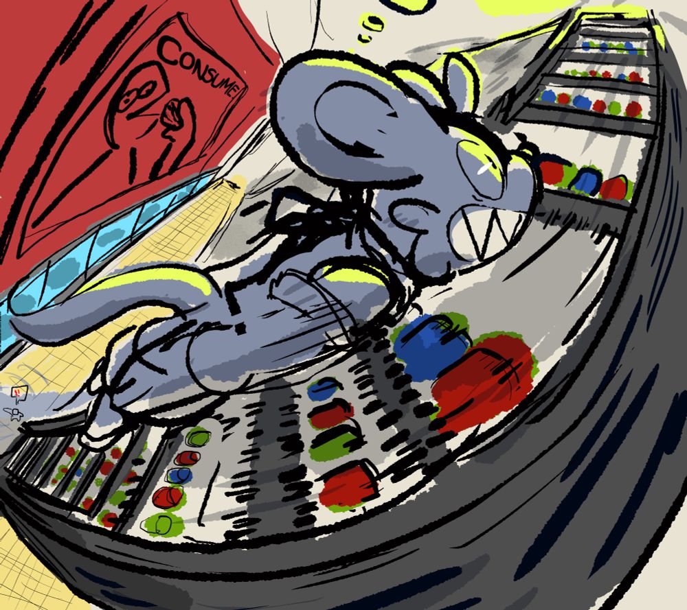 Mouse suited employee scaling up a massive warehouse stocking shelf as high speeds. 

