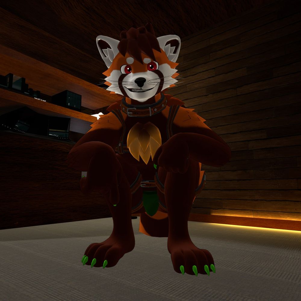 A VRChat screenshot of a squatting red panda wearing a harness and green briefs.
