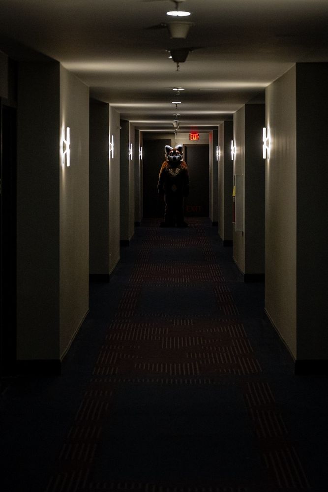 a red panda fursuiter facing the viewer at the end of a long corridor with many doors, lit by a single overhead light. There is an "exit" sign up and to the right of the fursuiter's left ear.