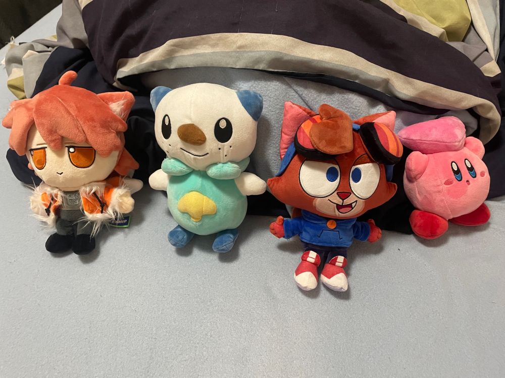 Murphy lined up with some of my other plushies. Kirby, Kevin (the Oshawott), and GD Colon. Don’t worry, they’re all getting along well!