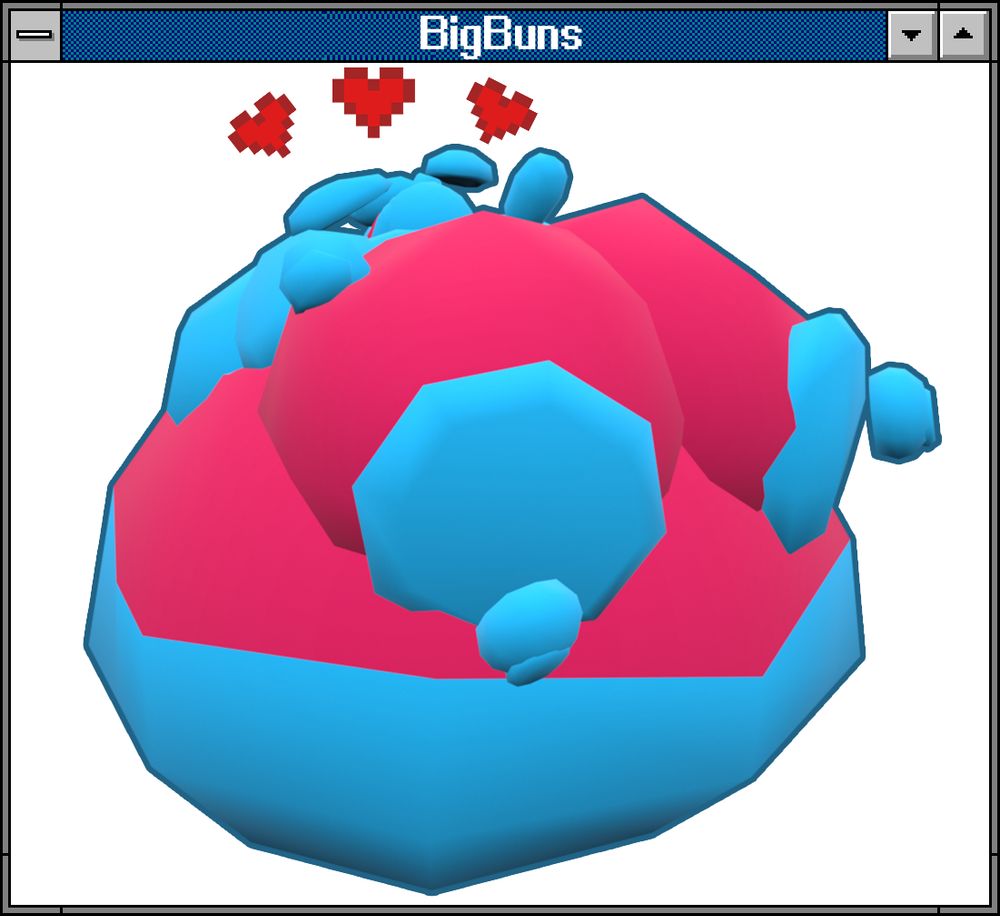 A very fat blue and red rabbit, Byte, beached on their stomach with a prime view of their keister now  in a Windows 3.0 window with small hearts over their head. The top of the window says BigBuns.