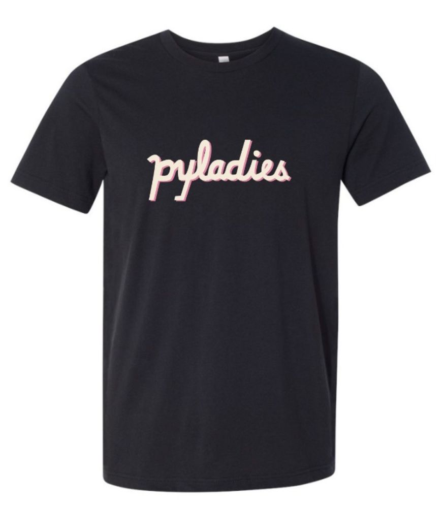 #PyConUS 2025 PyLadies straight cut t-shirt design (black shirt with pink "PyLadies" across chest)