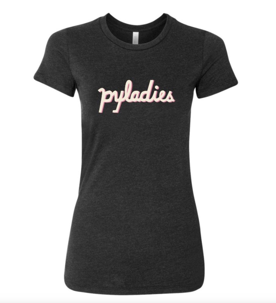 #PyConUS 2025 PyLadies fitted cut t-shirt design (heather black shirt with pink "PyLadies" across chest)