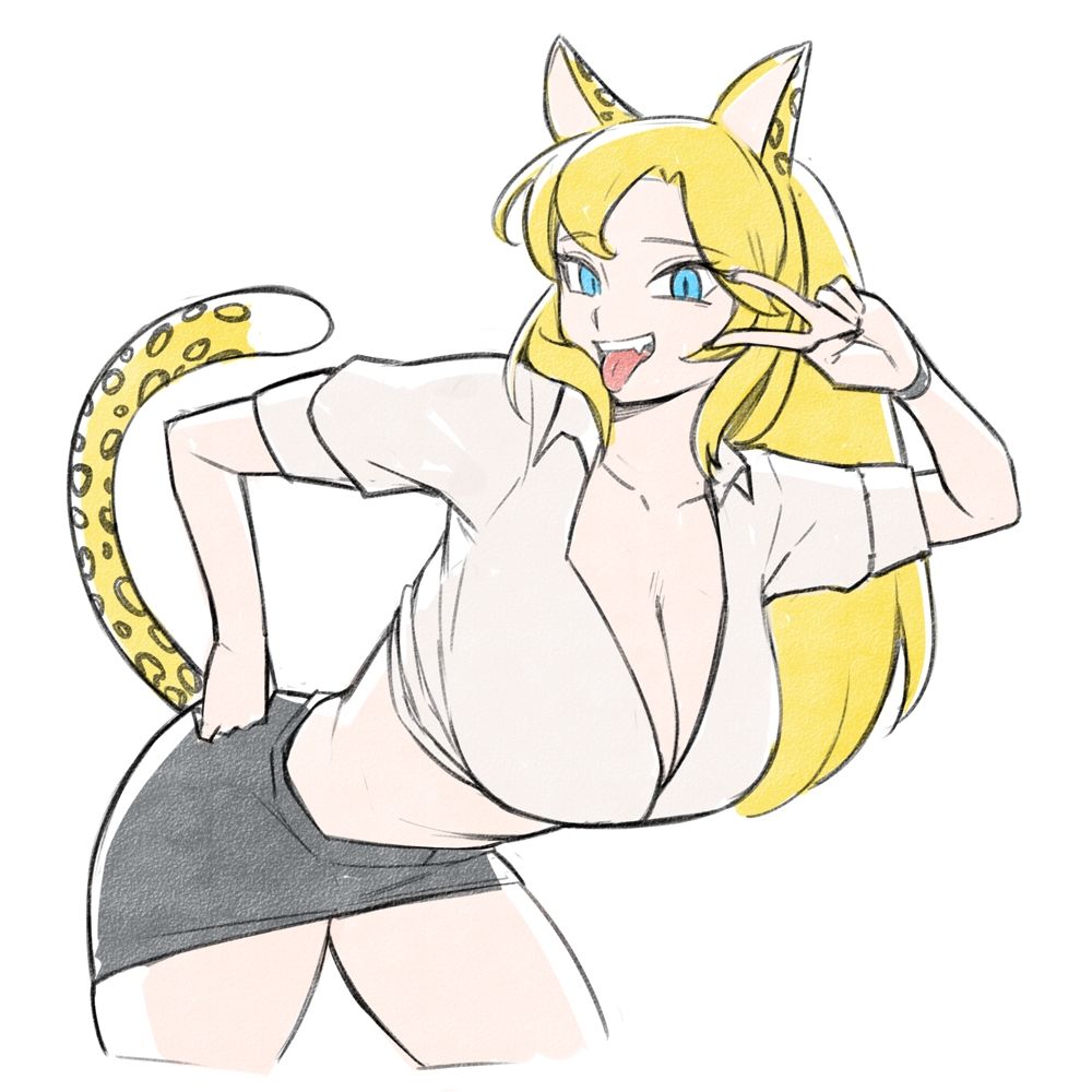 My oc Heloïse. Art done MFUS. A busty blonde cat girl with leopard print fur. Blue eyes, sticking out her tongue while foing a peace sign in a school uniform revealing her midriff.