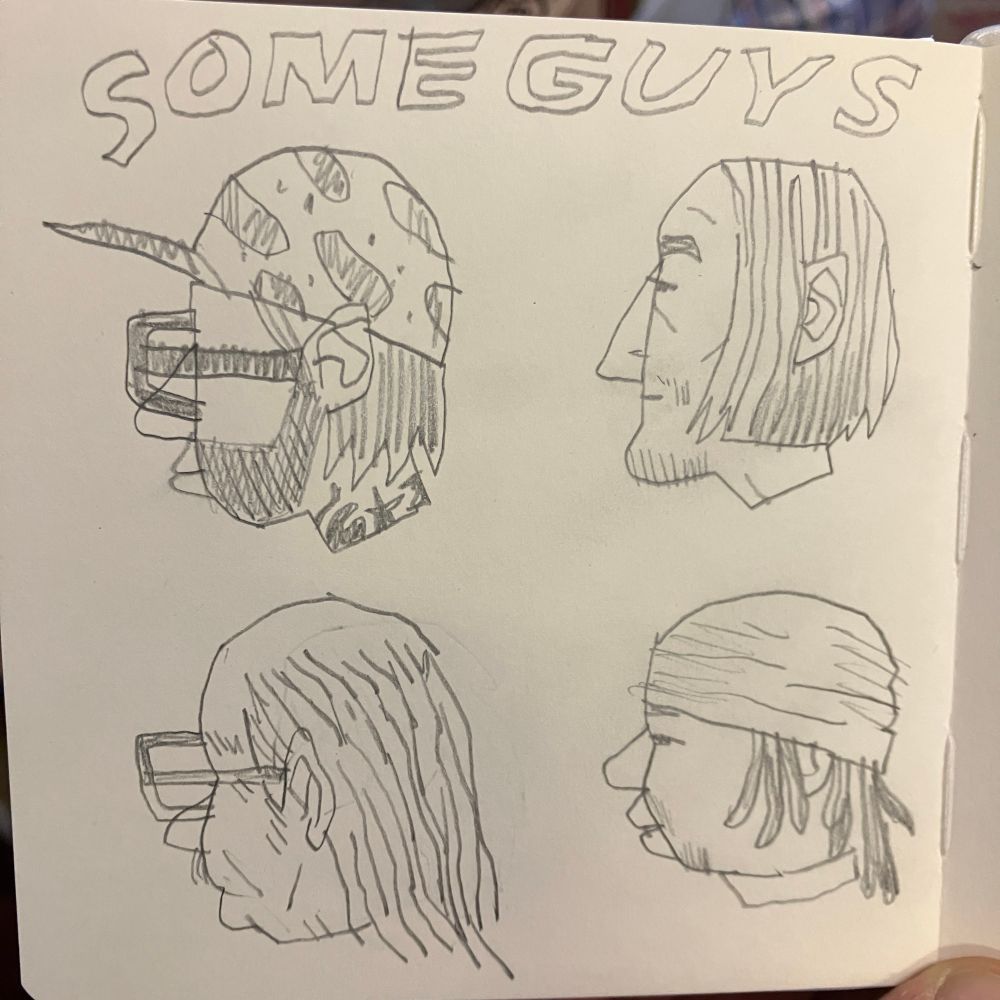 A drawing of 4 guys heads 