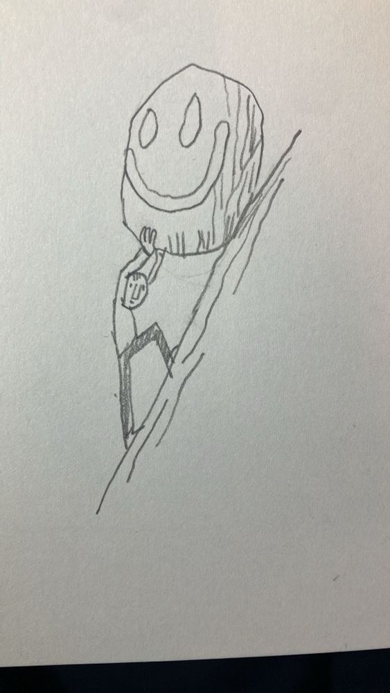A drawing of a man pushing a rock up a hill that has a smiley face on it. Just like Sisyphus 