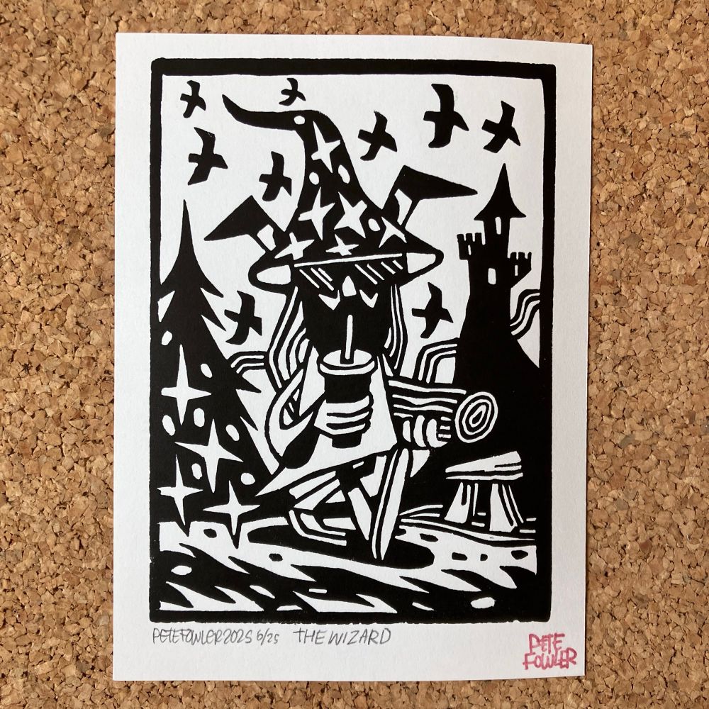 Black and white print of a wizard with sunglasses on holding a log and drinking liquid from a fast food cup through a straw. A crow is on his shoulder. The wizard holds a log and is walking past a megalith. In the background is a castle, a forest and a sky full of crows 