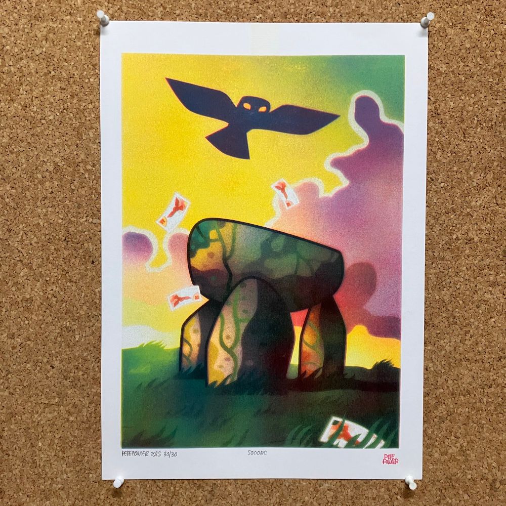 A printed illustration of a megalithic stone structure on a patch of grass as an owl flies over it with a background of stormy clouds. Some bank notes are being blown in the air.