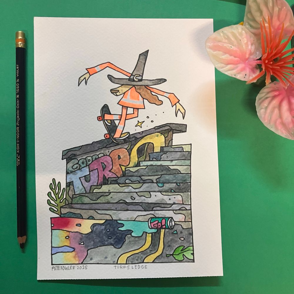 A humanoid dog in hi viz workers clothes does a backside nose blunt slide on a skateboard down a graffiti-d concrete handrail and steps.