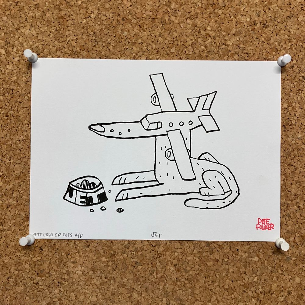 A drawing of a sitting dog with a small jet plane for a head. In front of it sits a food bowl with JET written on it
