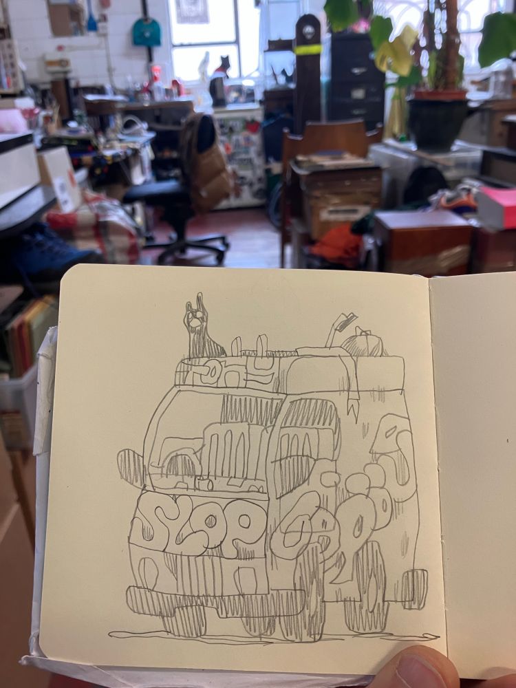 A pencil drawing of a dirty van in my studio 