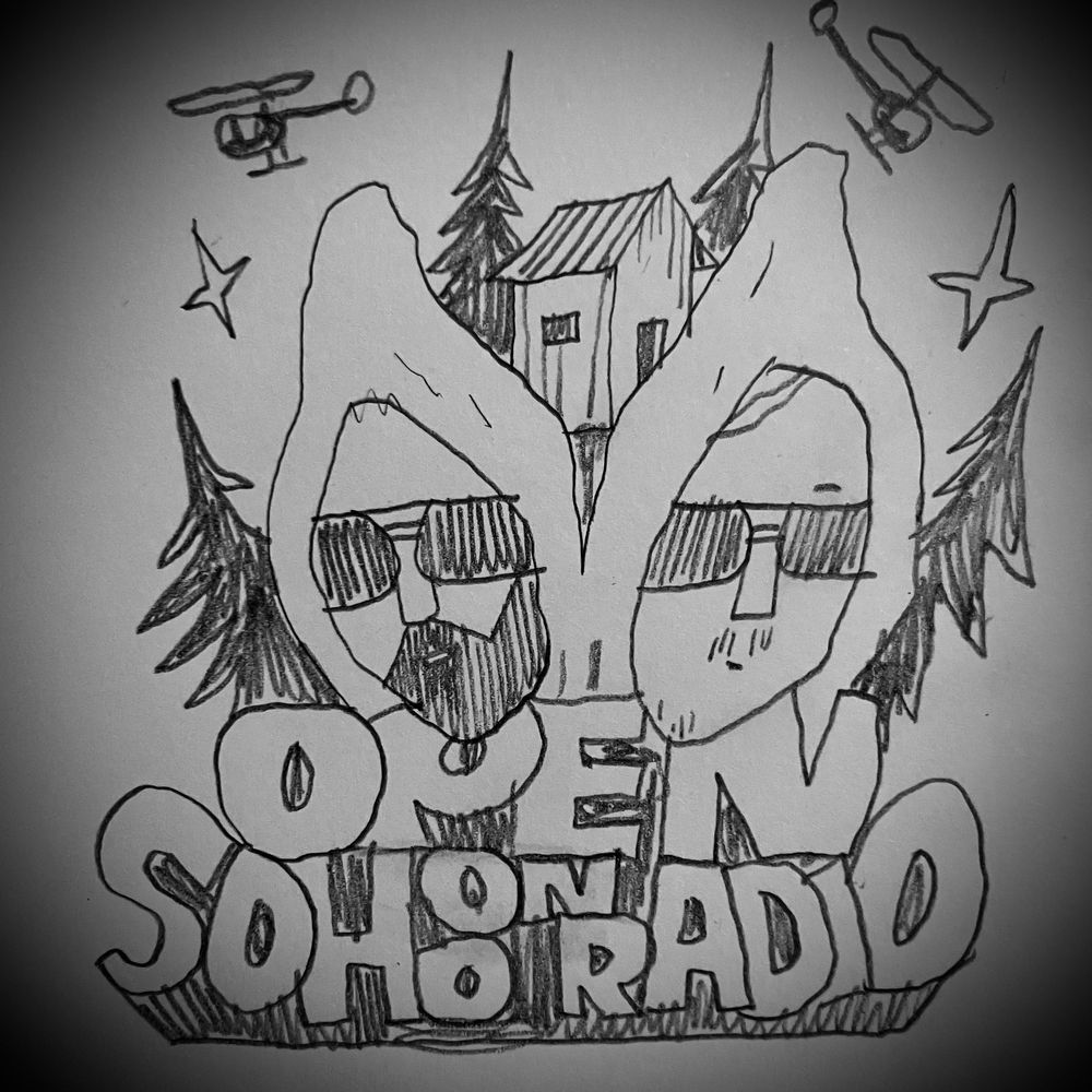 A drawing of 2 guys with hoodies and sunglasses surrounded by pines, helicopters and a cabin in the woods 