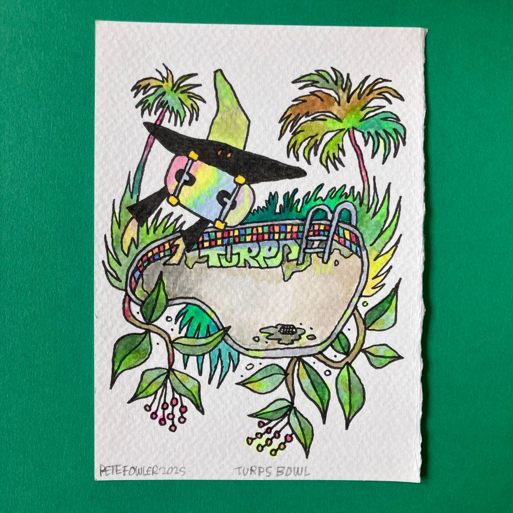 A pen and watercolour painting on paper depicting a being skateboarding in an empty swimming pool surrounded by exotic plants