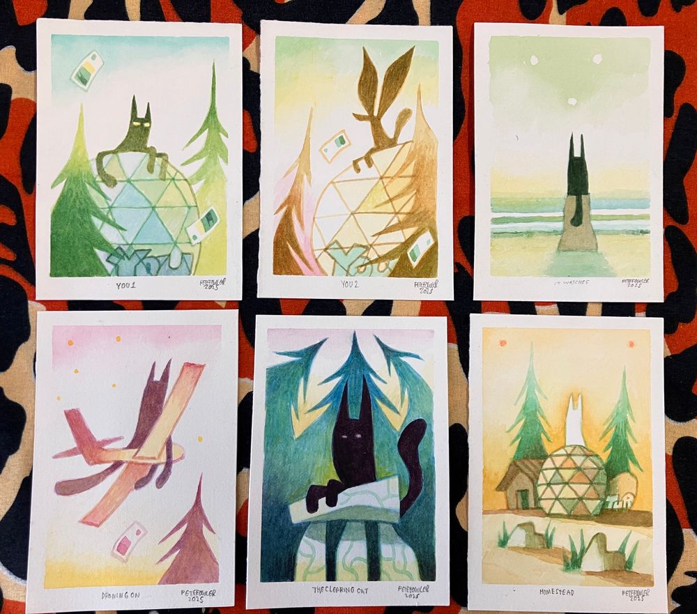 Six small watercolour paintings depicting abandoned geodesic domes, supernatural creatures, pine forests and lights in the sky