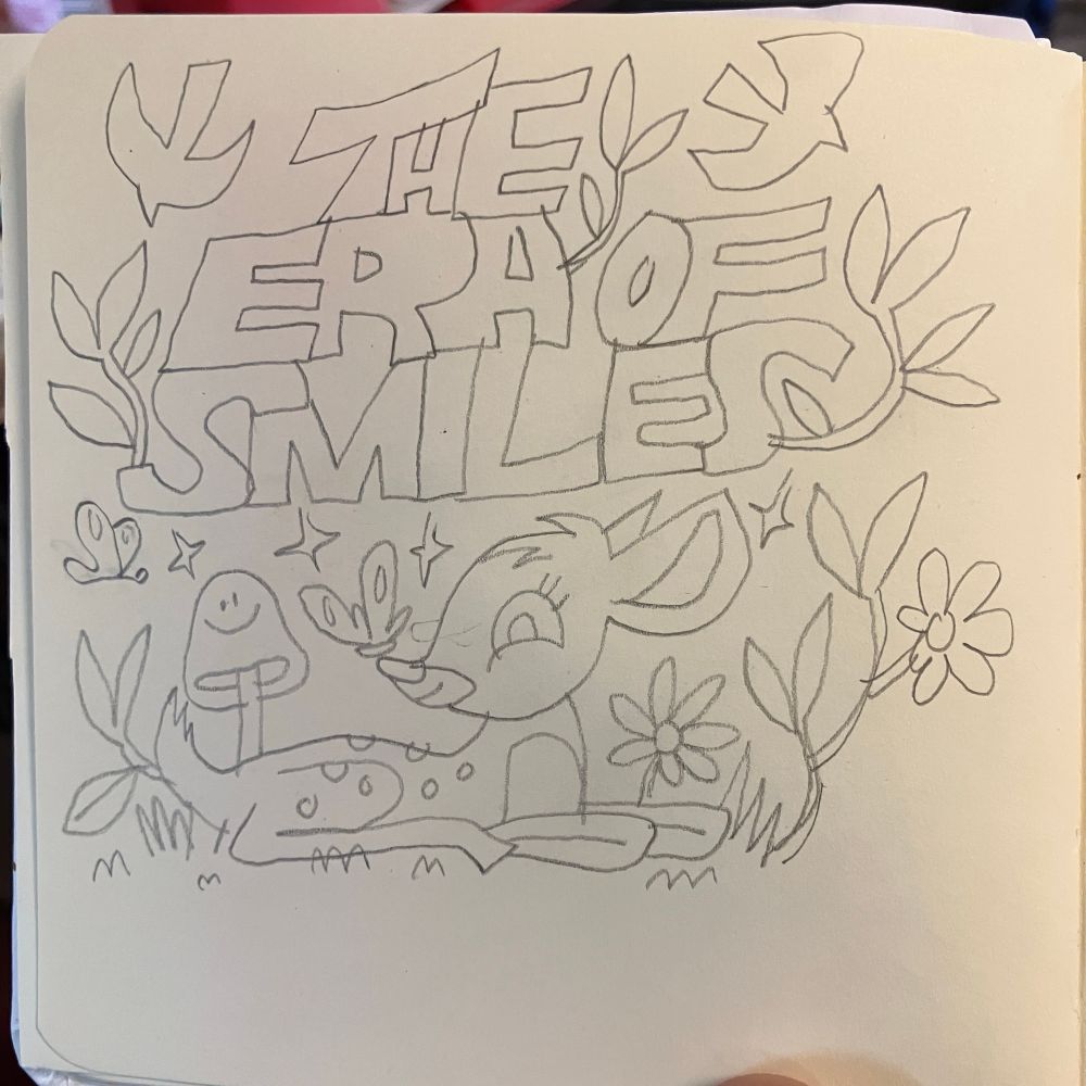 A pencil drawing of a baby deer sat down surrounded by plants and flowers. A butterfly is on its nose and there is written text above the scene  saying ‘the era of smiles’