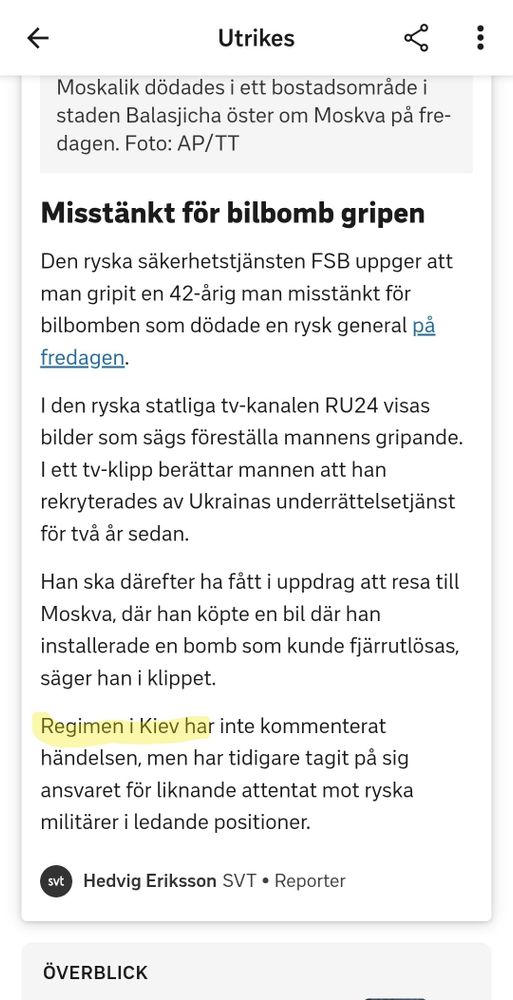 Nyhet av SVT: 
Regimen i Kiev har inte kommenterat händelsen, men har tidigare tagit på sig ansvaret för liknande attentat mot ryska militärer i ledande positioner.