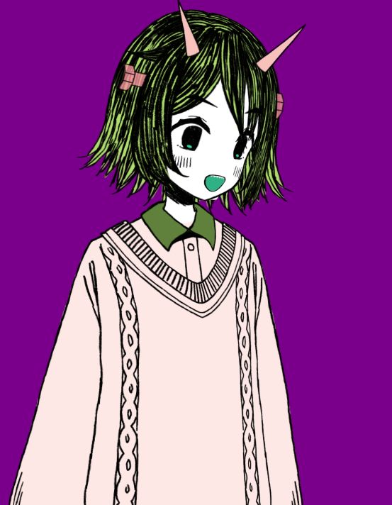 Ebiko looking towards the bottom right of the screen with her mouth agape smiling.