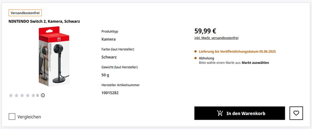 Produktauflisting der Nintendo Switch 2 Kamera für 59,99€