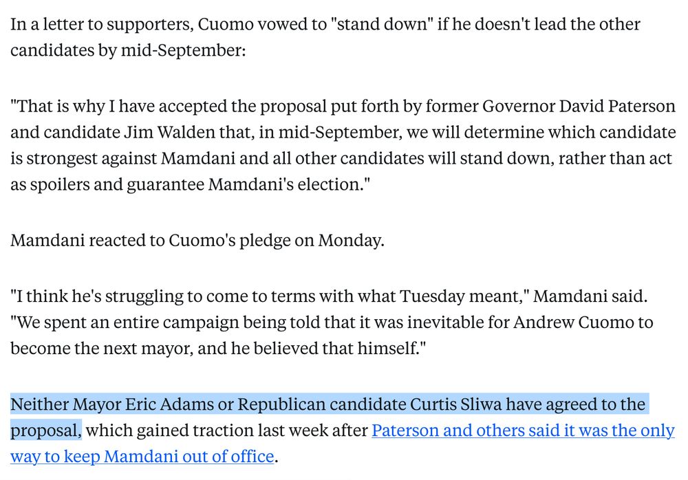 Excerpt from an ABC-7 NY article on Andrew Cuomo's formal announcement to stay in the mayoral race, after spending three weeks mulling it over since his primary loss: In a letter to supporters, Cuomo vowed to 