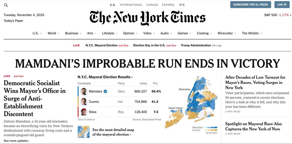 top of the NYTimes.com page: “MAMDANI'S IMPROBABLE RUN ENDS IN VICTORY”